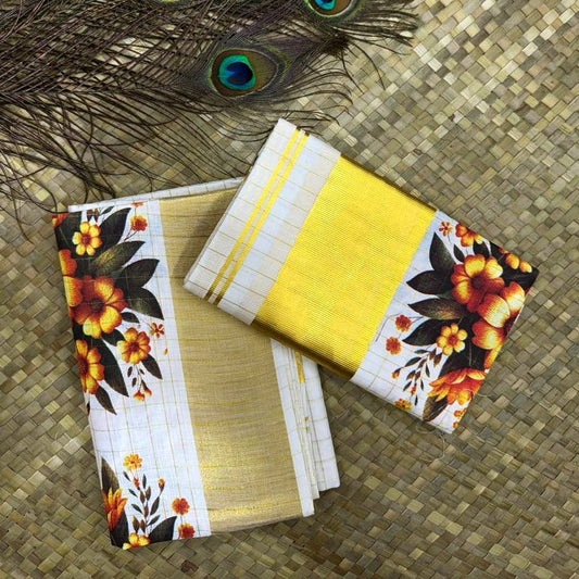Sunflower Print Golden Zari Check Set Mundu